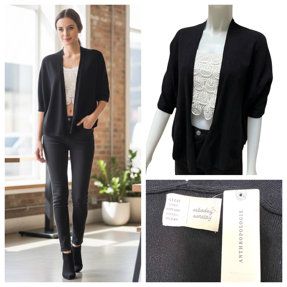 Anthropologie Saturday Sunday Black Knit Open Front Cardigan Sweater‎ One Size